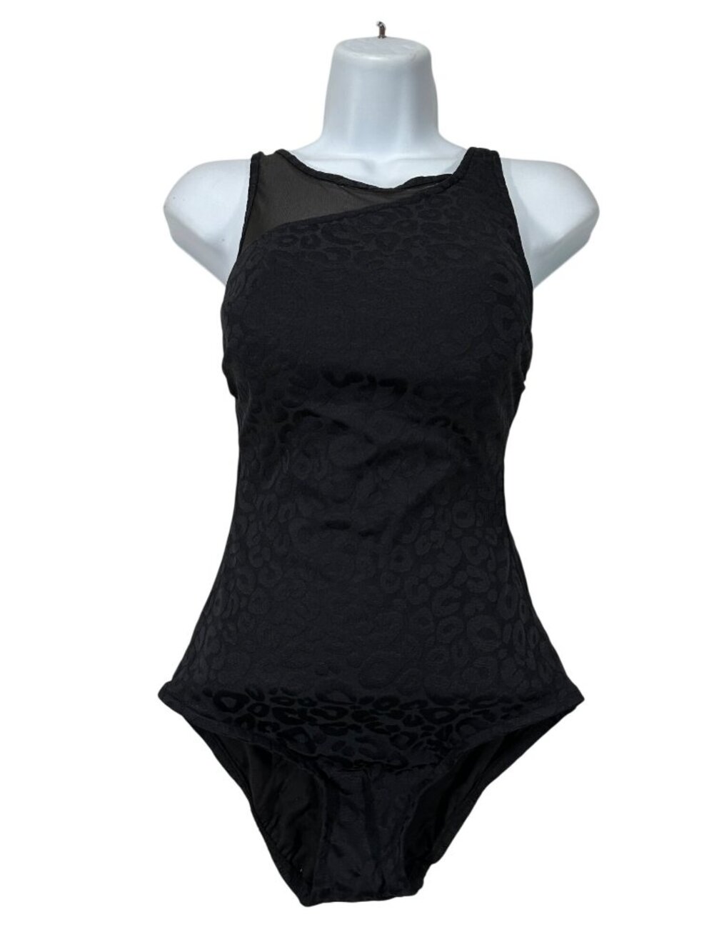 Aquagreen Womens Black Mesh Leopard Print One-Piece Swimsuit Small 4/6